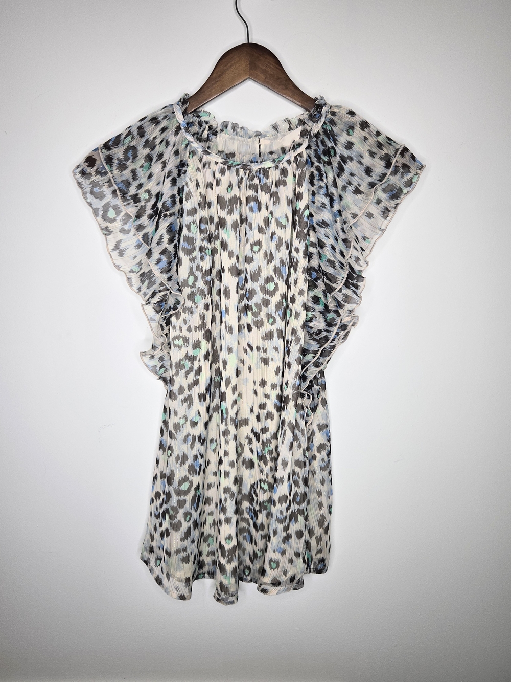 LOFT Blue Teal Leopard Animal Print Flutter Ruffle Sleeve Blouse Top Size L